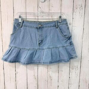 Junior's‎ Y2K Inspired Denim Mini Skirt Pleated Ruffle Hem Light Blue Size L